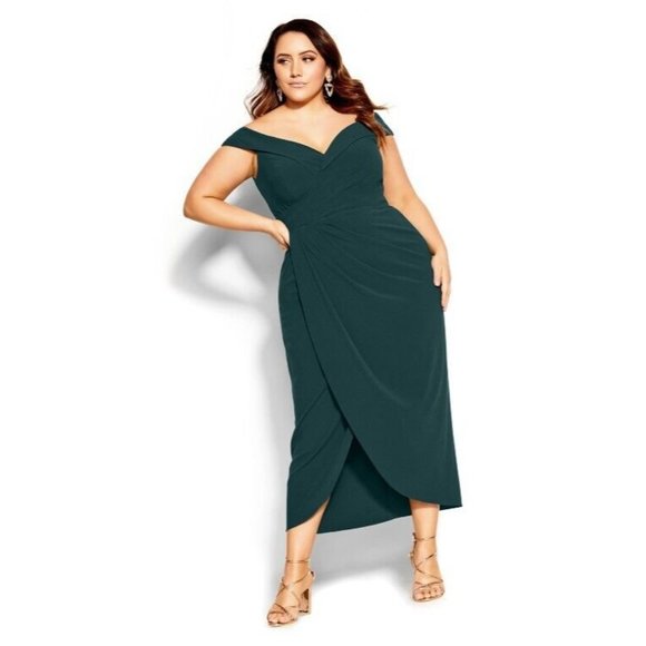 City Chic NWT Emerald Ripple Love Faux‎ Wrap Midi Dress 20 Cocktail Off Shoulder - Picture 1 of 13